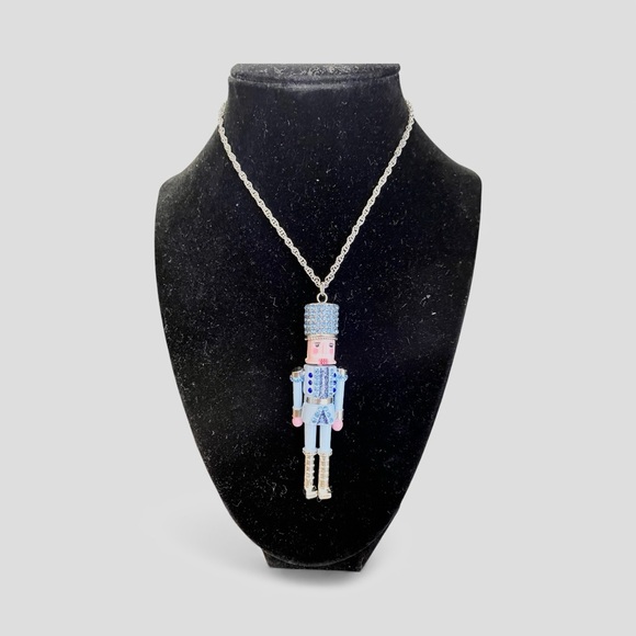 Betsey Johnson Articulated Nutcracker Necklace, Silver and Blue with Rhinestones - Picture 6 of 8